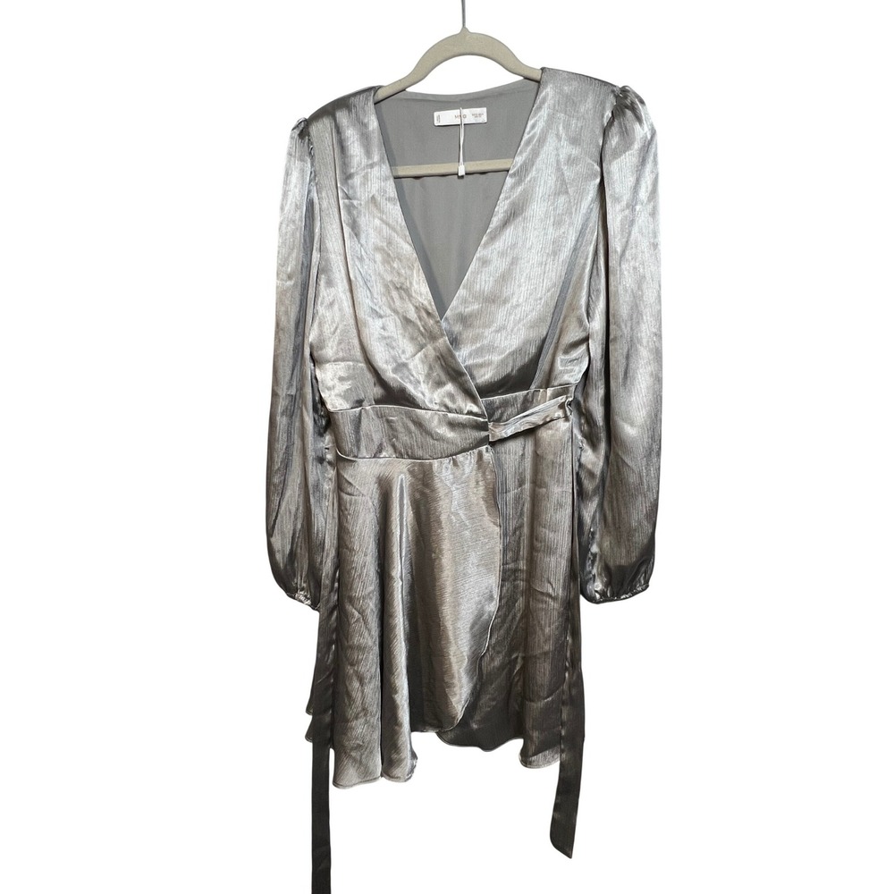 MNG Mango Silver Metallic Wrap Mini Dress Long Sleeve V-Neck Size 4‎ Party Glam